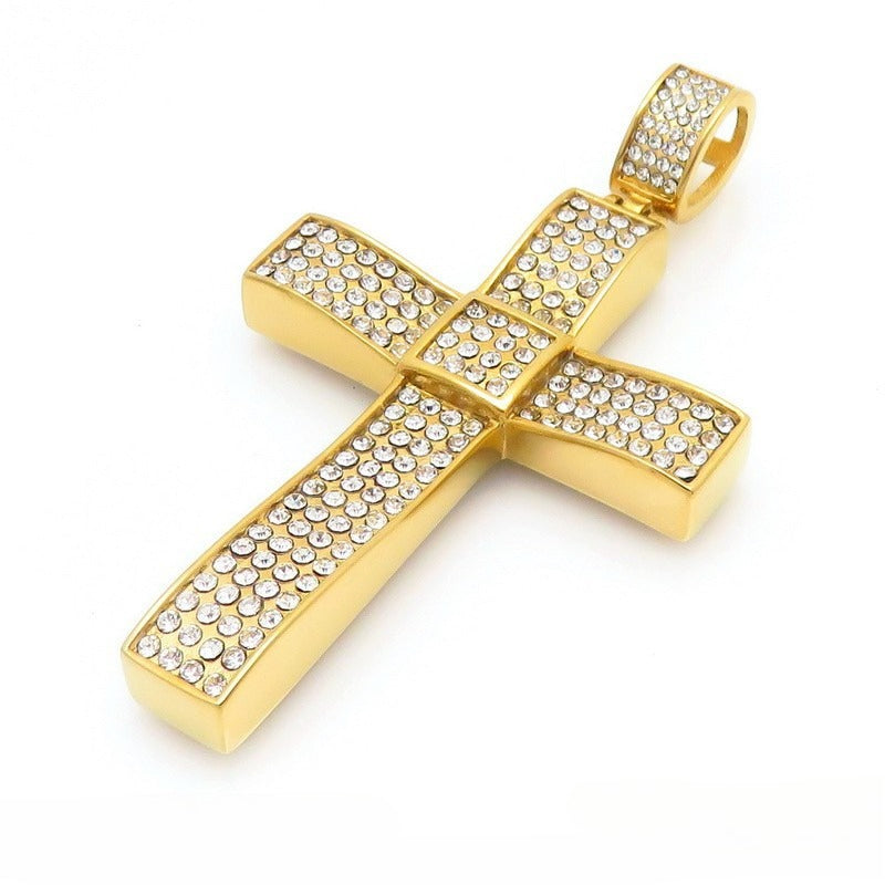 Kemstone Iced Out Cross Pendant Necklace – Titanium Steel Double Layer Bling Jewelry KP130467-MZOZ