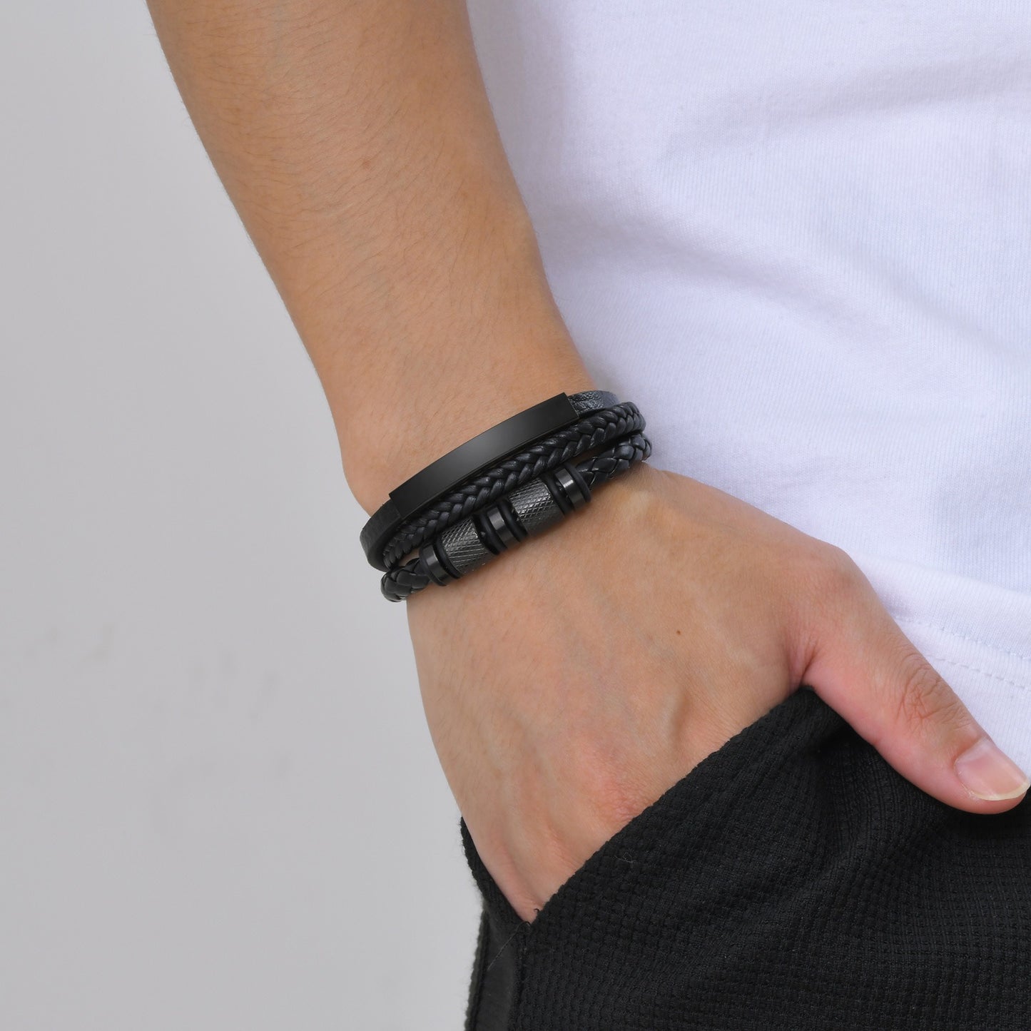 Kemstone Men’s Black Leather Bracelet – Braided Band with Titanium Steel Detail BL-703