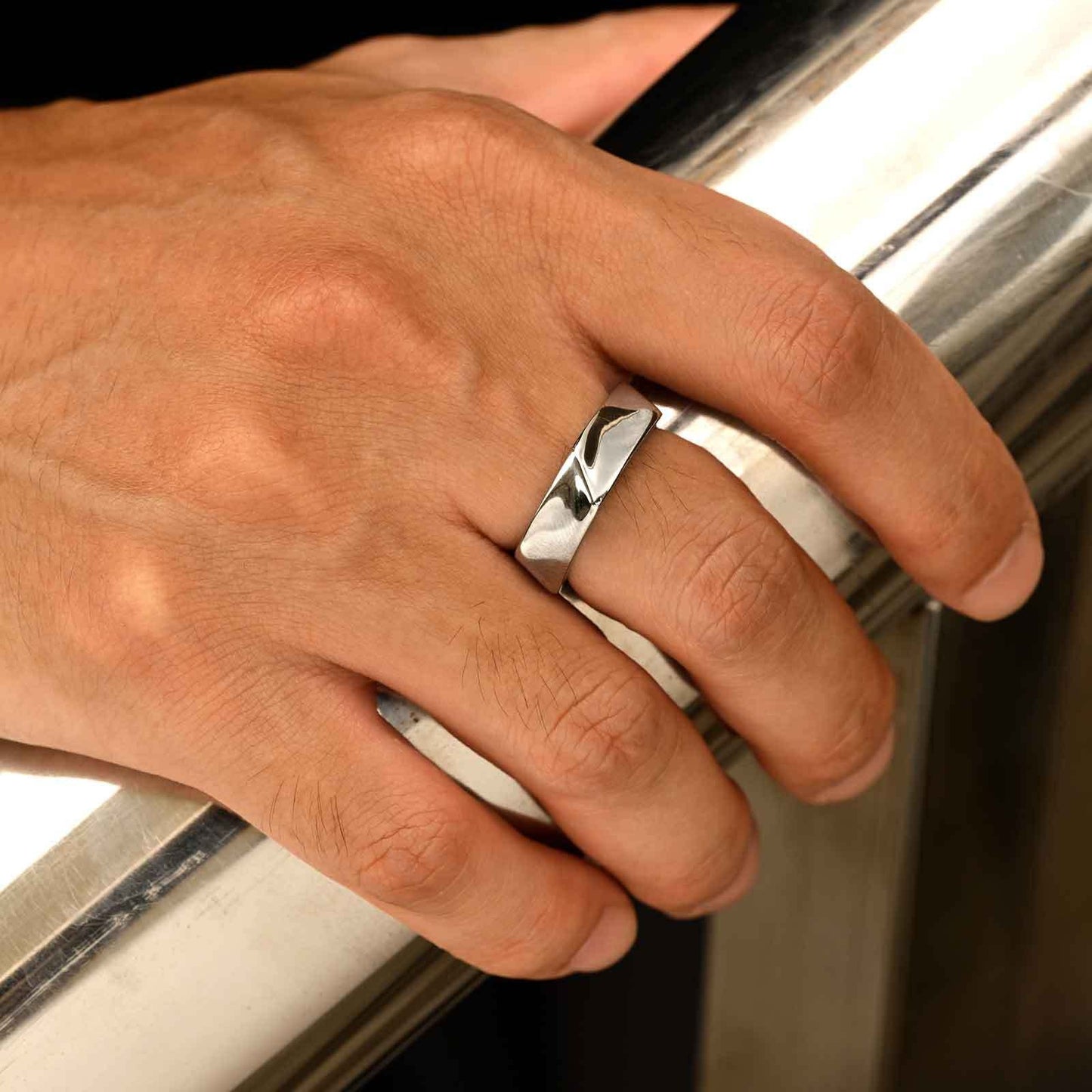 Kemstone Stainless Steel Geometric Ring – Pentagon Minimalist Band for Men RC-915