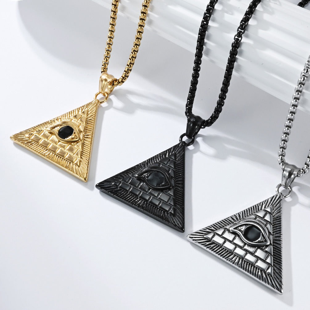 Kemstone Men’s Titanium Steel Pyramid Eye Necklace – Vintage Triangle Pendant K-PT660