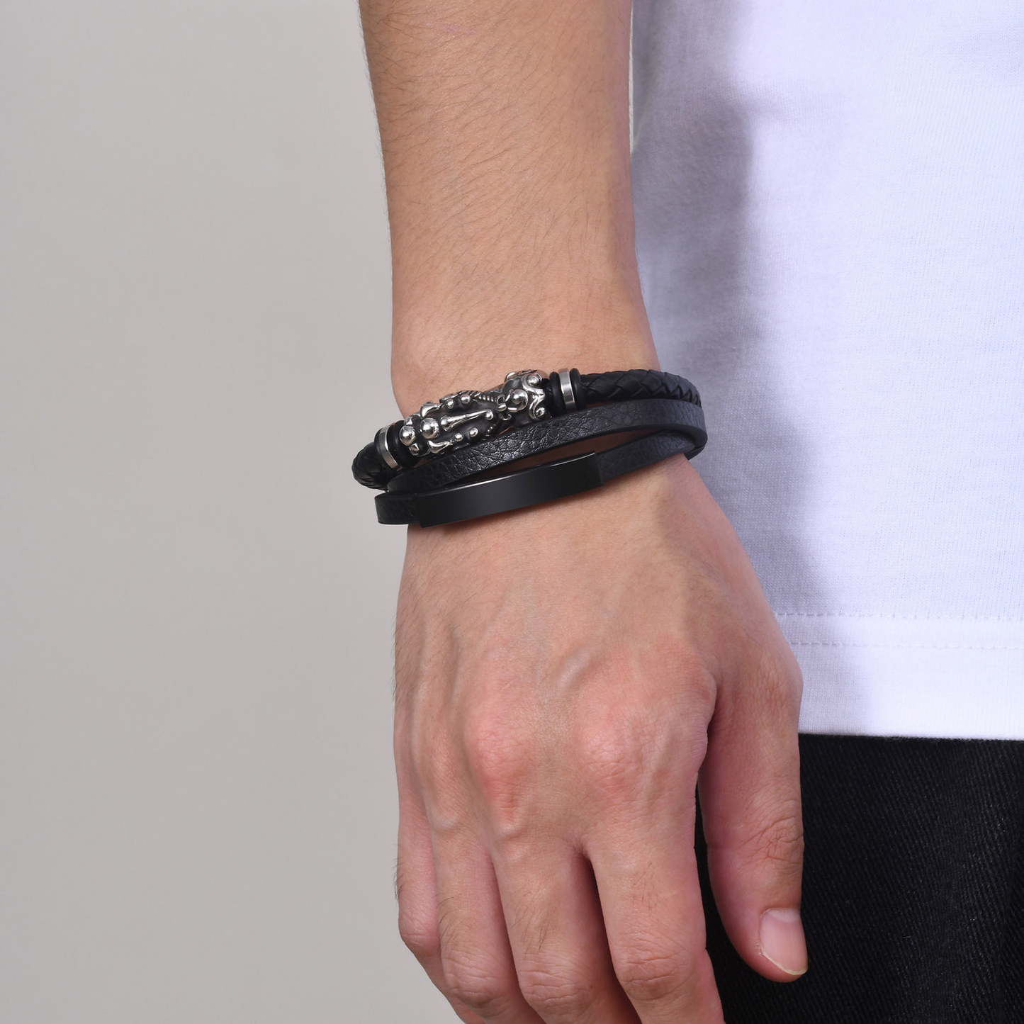 Kemstone Men’s Black Leather Bracelet – Triple-Layer Band with Stainless Steel Pixiu Charm BL-681