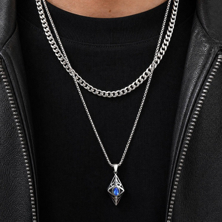 Kemstone Blue Cubic Zirconia Geometric Pendant Necklace for Men Stainless Steel PN-2454