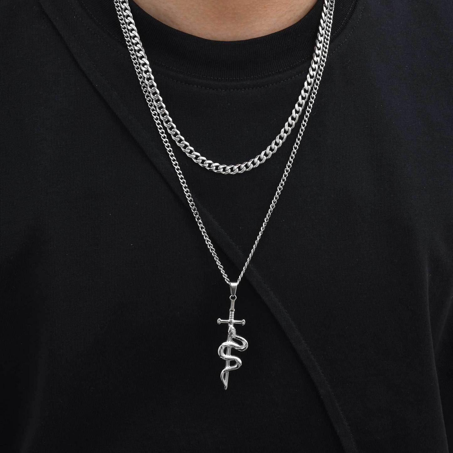 Kemstone Stainless Steel Snake Cross Pendant Necklace – Street Punk Style for Men PN-2183