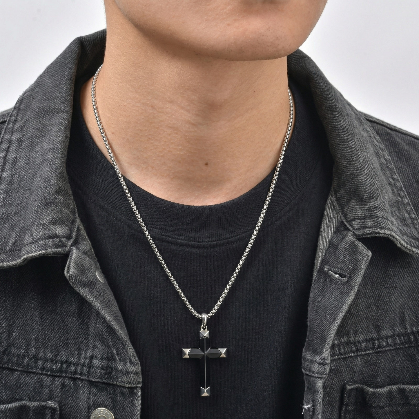 Kemstone Stainless Steel Black Onyx Cross Pendant Necklace for Men PN-2303