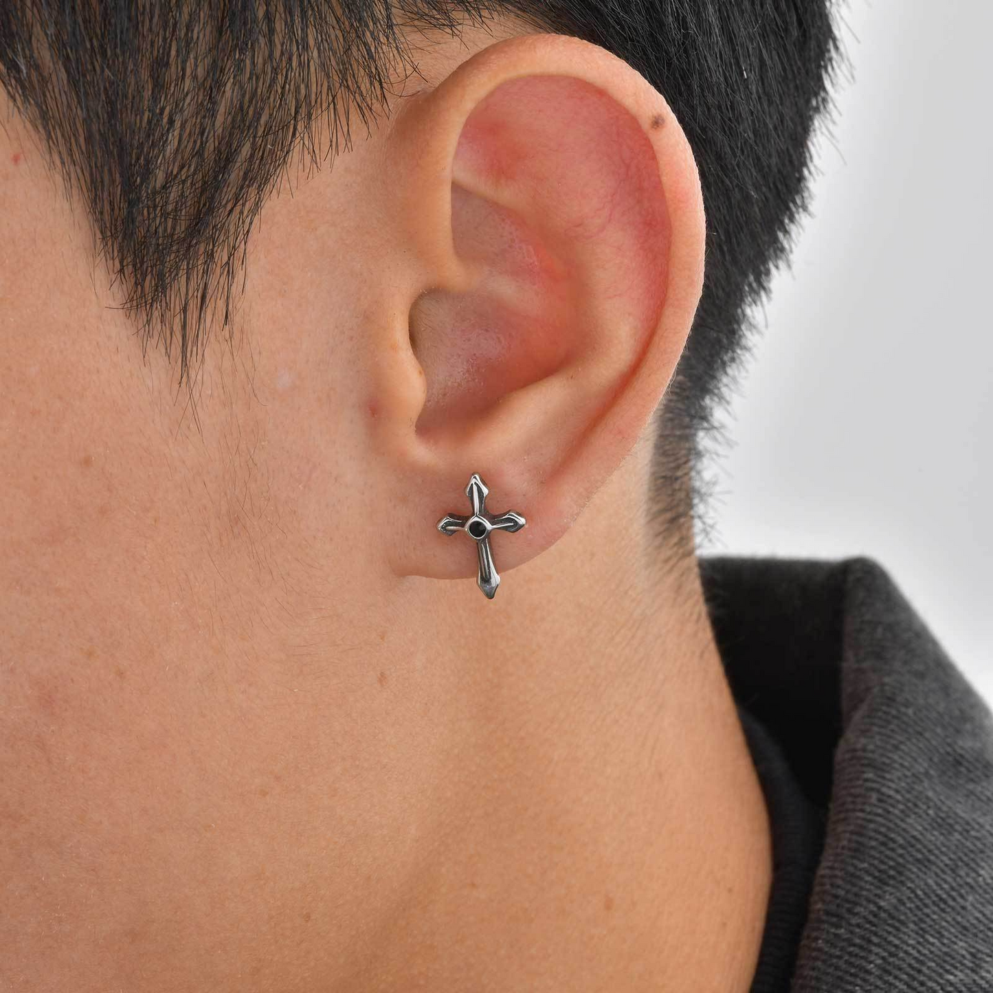 Kemstone Stainless Steel Cross Stud Earring for Men – Black Cubic Zirconia ES-745