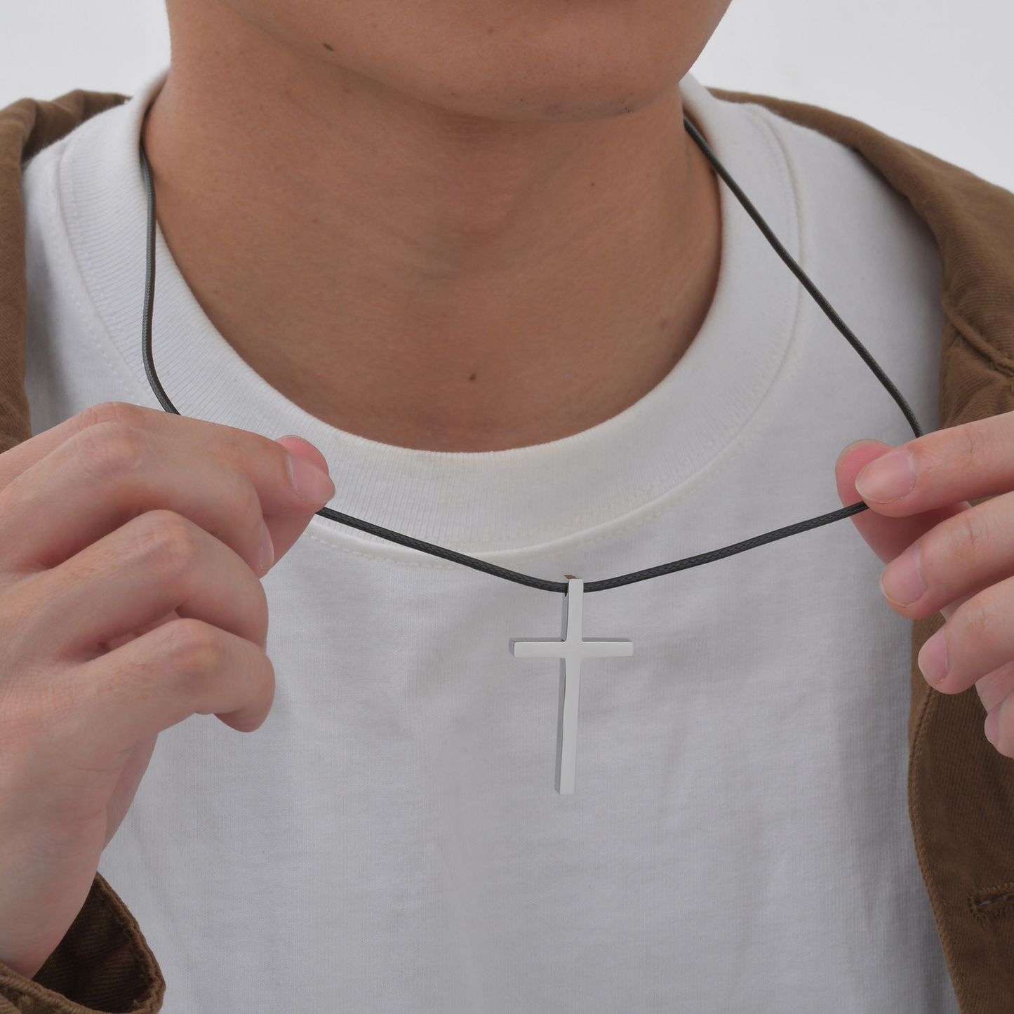 Kemstone Stainless Steel Cross Pendant Necklace with Wax Cord for Men – Black & Silver NC-1977
