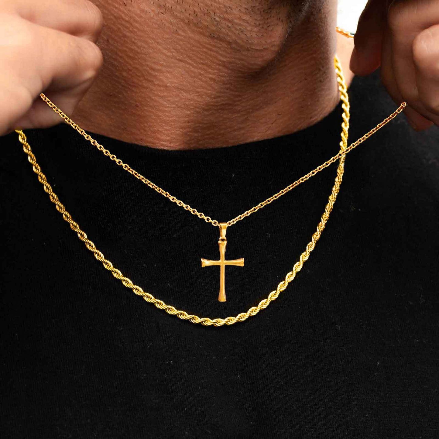 Kemstone Stainless Steel Cross Pendant Necklace – Gold Twisted Chain for Men PN-2260