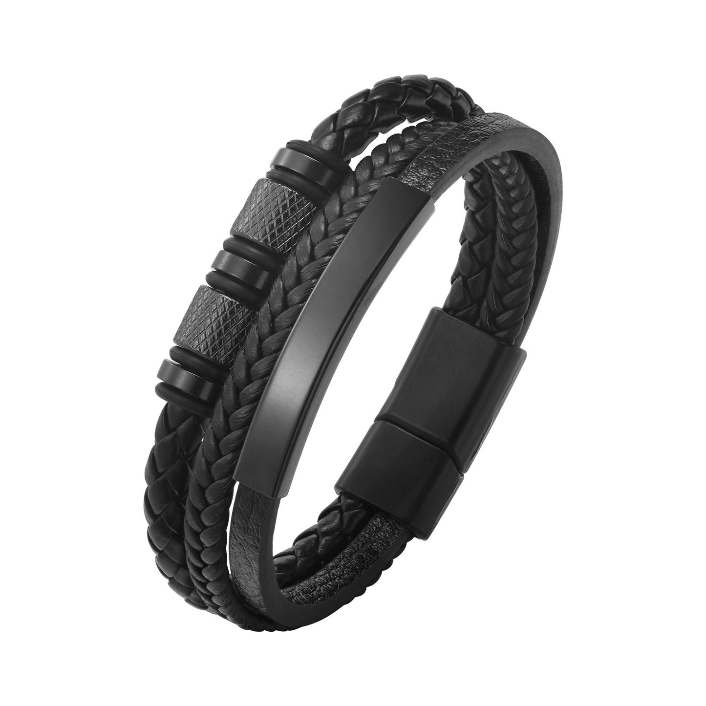 Kemstone Men’s Black Leather Bracelet – Braided Band with Titanium Steel Detail BL-703