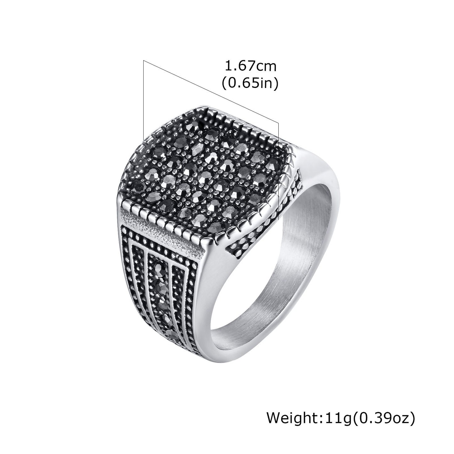 Kemstone Men’s Stainless Steel Signet Ring – Black Cubic Zirconia RC-689