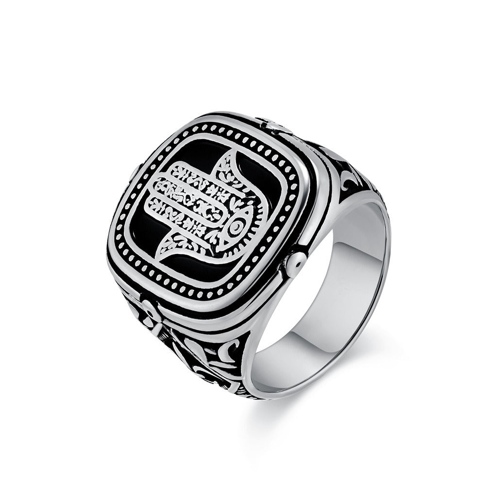 Kemstone Men’s Stainless Steel Hamsa Hand Ring – Vintage Protection Jewelry K-R904