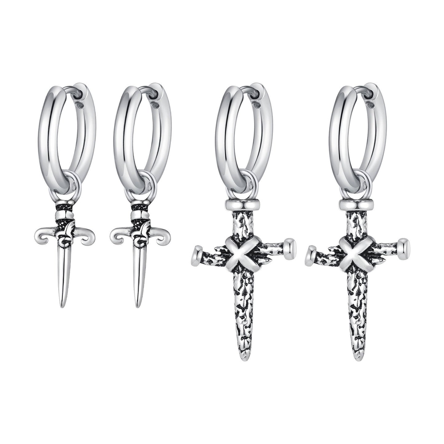 Kemstone Men’s Stainless Steel Cross Dagger Hoop Earrings – Punk Gothic Biker Jewelry ED768