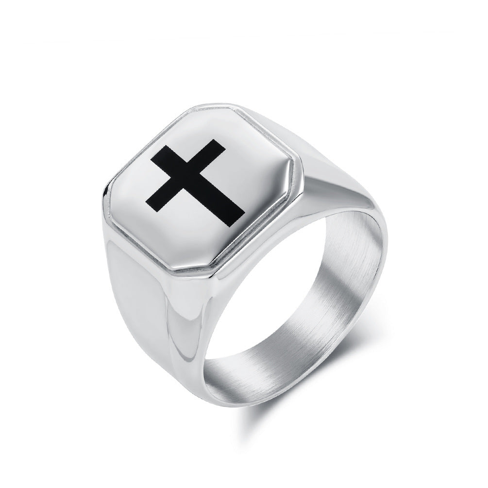 Kemstone Men’s Stainless Steel Cross Ring – Square Face Minimalist Band K-R1050