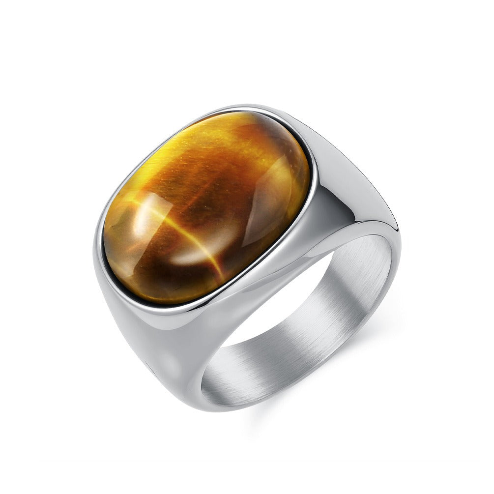 Kemstone Men’s Stainless Steel Tiger Eye Ring – Vintage Oval Gemstone Band K-R1030