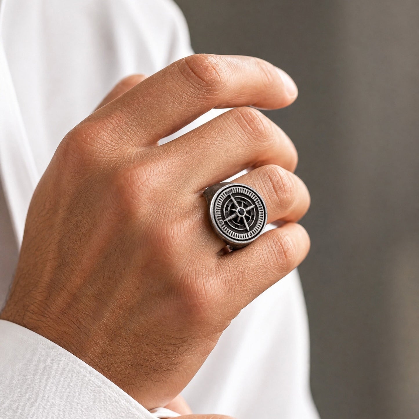 Kemston Stainless Steel Compass Signet Ring for Men Vintage Dial Design RC-527GR