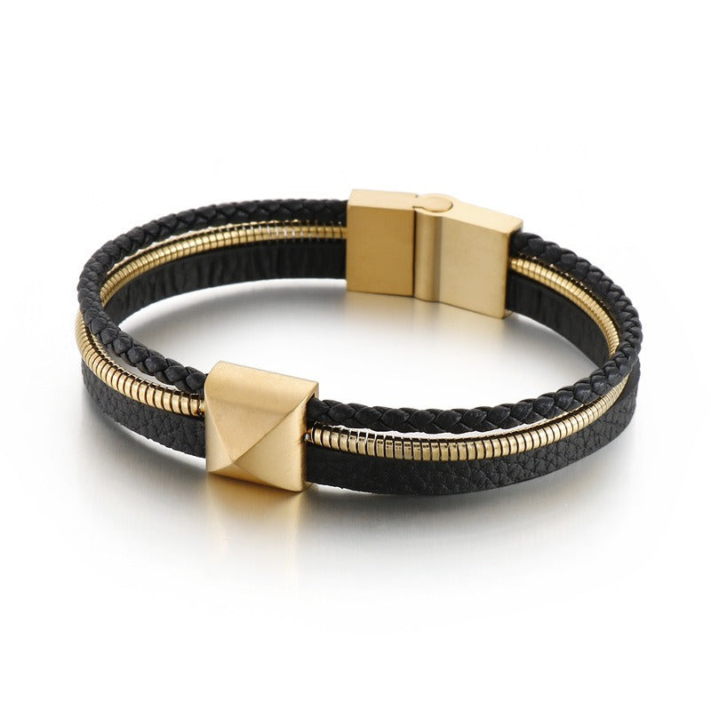 Kemstone Men’s Titanium Steel Leather Bracelet – Gold Snake Chain Wristband KB147381