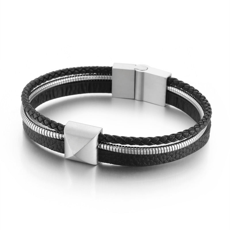 Kemstone Men’s Titanium Steel Leather Bracelet – Gold Snake Chain Wristband KB147381