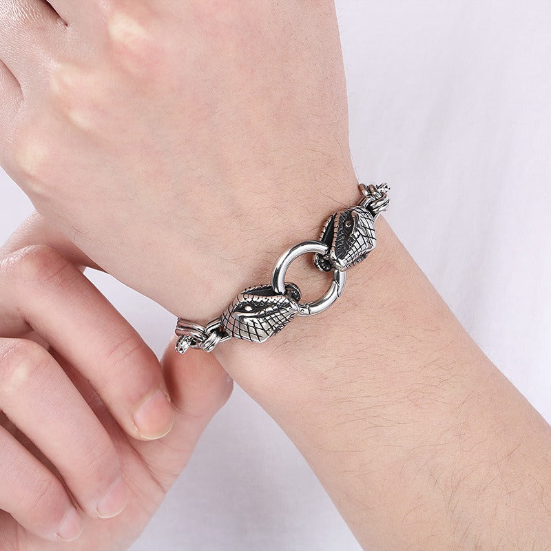 Kemstone Men’s Titanium Steel Snake & Skull Bracelet – Gothic Punk Chain KB189698-Z