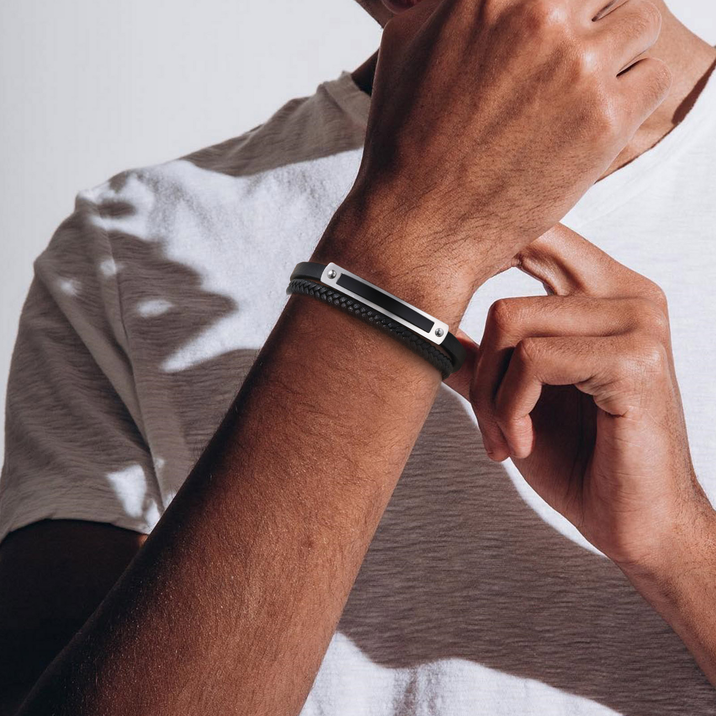 Kemstone Curved Plate Double-Layer Black PU Leather Bracelet for Men BL-782S