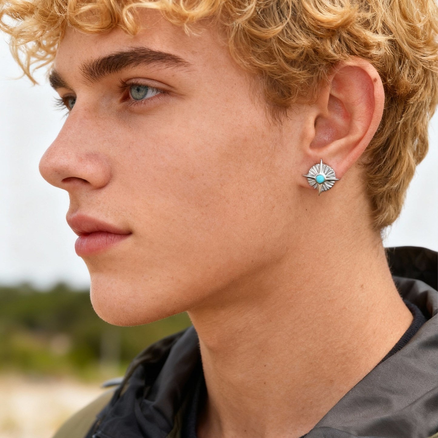 Kemstone Geometric Star Turquoise Stud Earring for Men ES-775