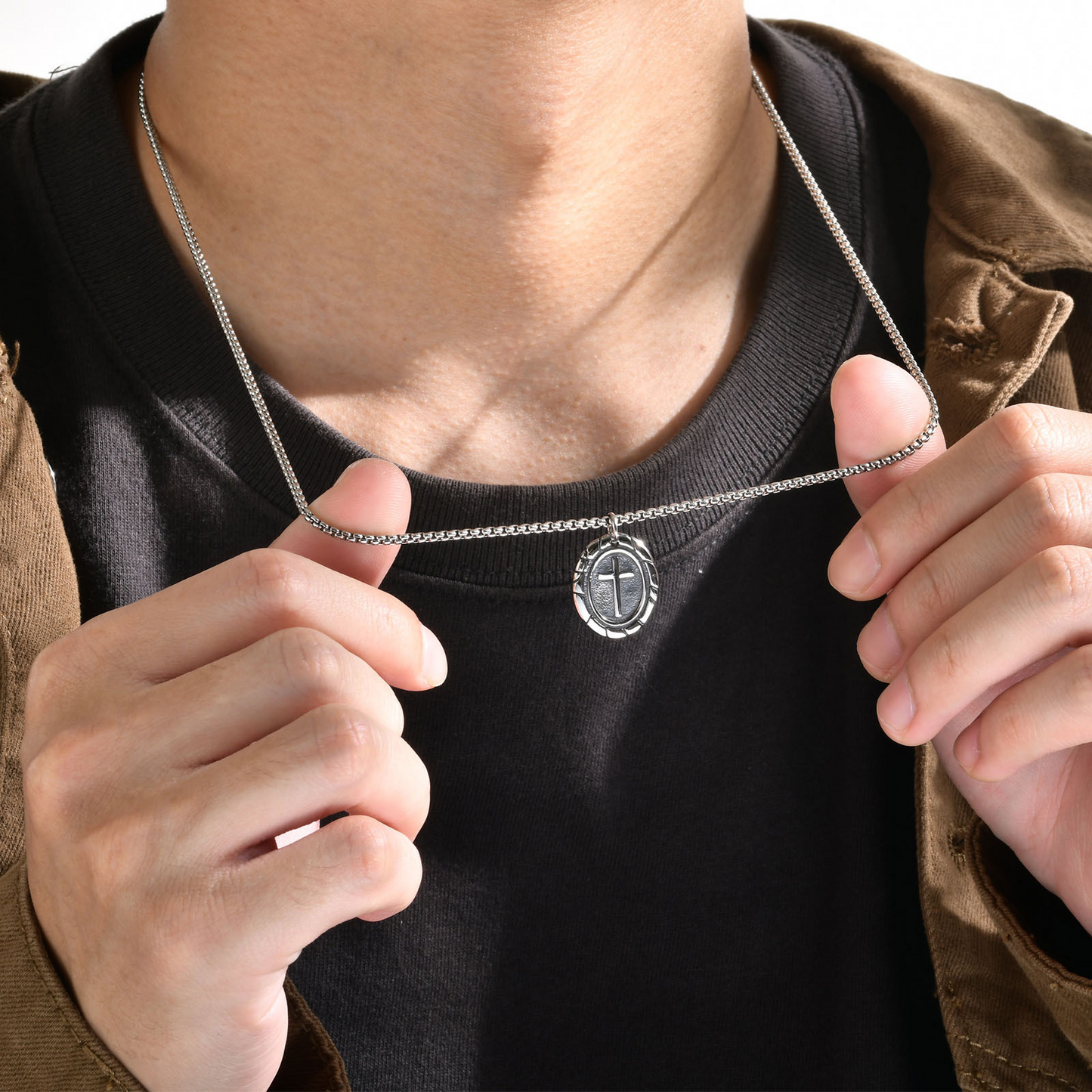 Kemstone Stainless Steel Double-Sided Cross Oval Pendant Necklace for Men PN-1808