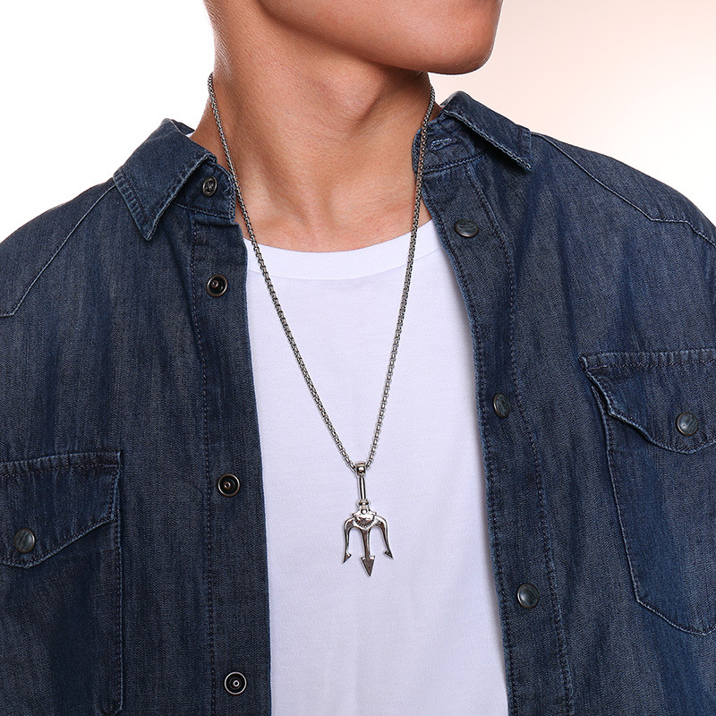 Kemstone Trident Pendant Necklace for Men Stainless Steel Vertical Symbol Gold Silver Black PN-1176