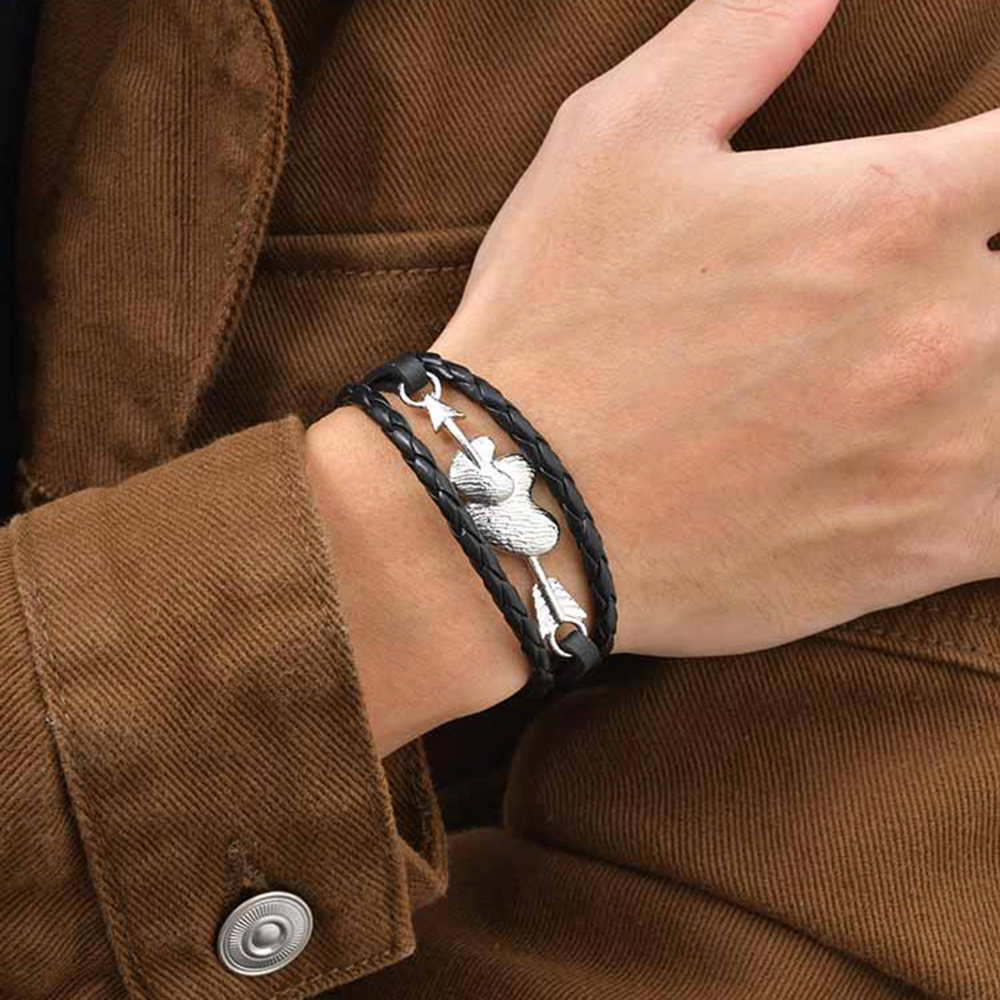 Kemstone Heart Arrow Leather Bracelet Double Braided PU Cord with Alloy Clasp for Men BL-822