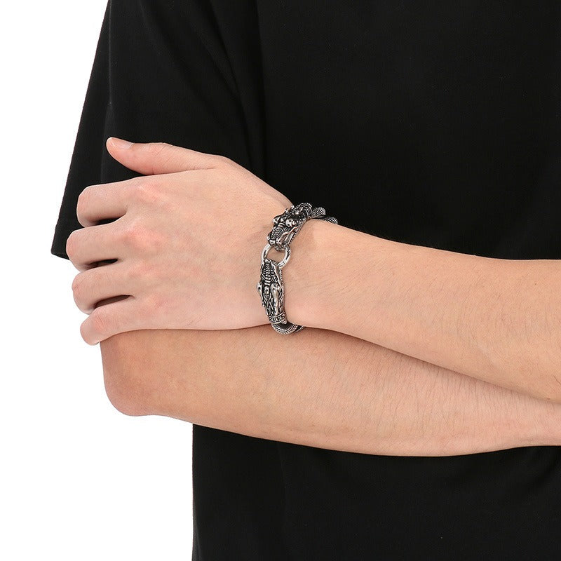 Kemstone Titanium Steel Leather Bracelet for Men Vintage Dragon Tiger Anchor Clasp KB87977-BD