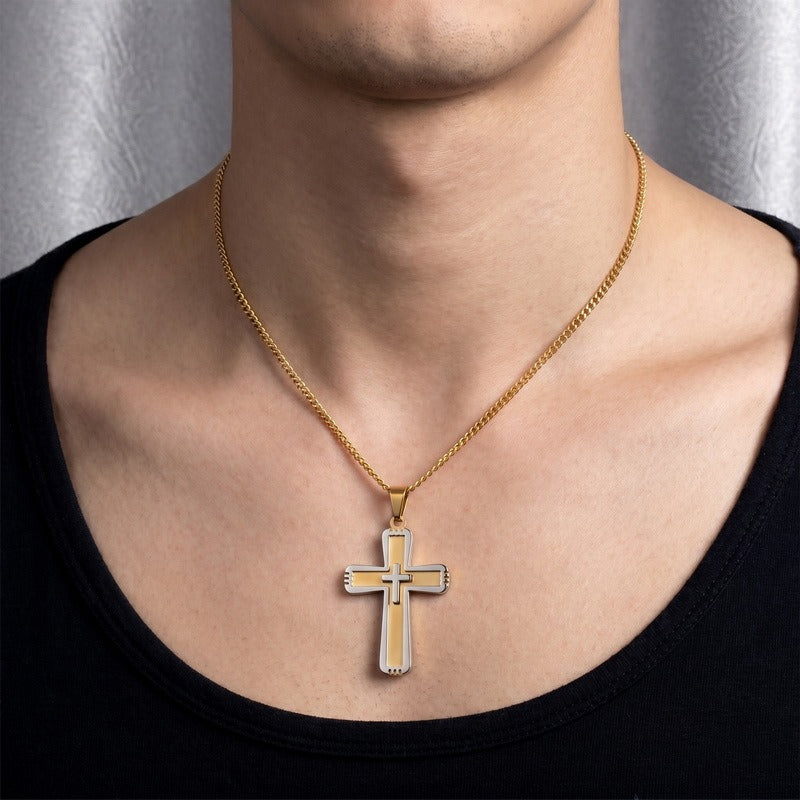 Kemston Double Layer Cross Pendant Necklace for Men Stainless Steel Inset Cross Design KP119384-KL