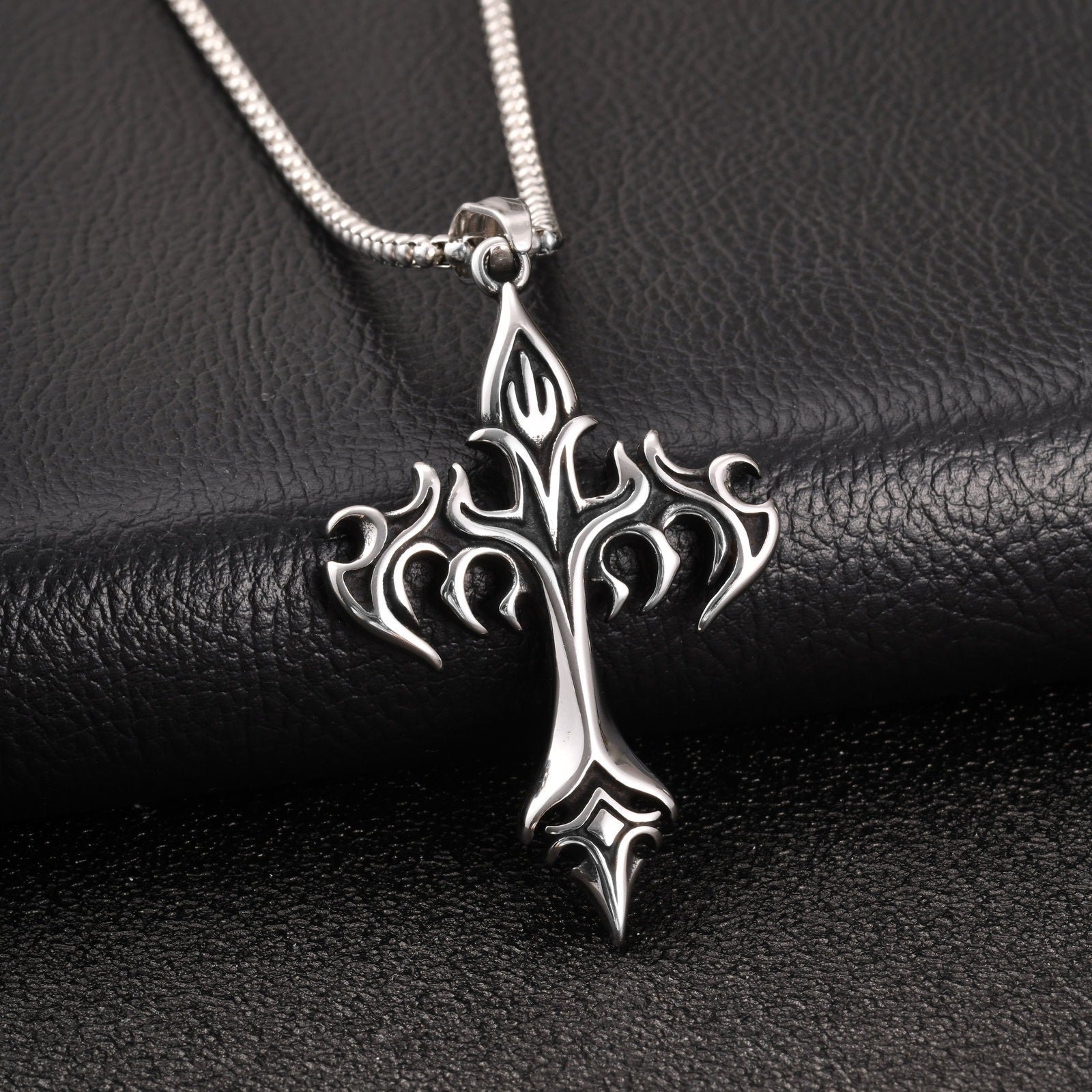 Flame Cross Pendant Necklace for Men – Gothic Silver | Kemstone