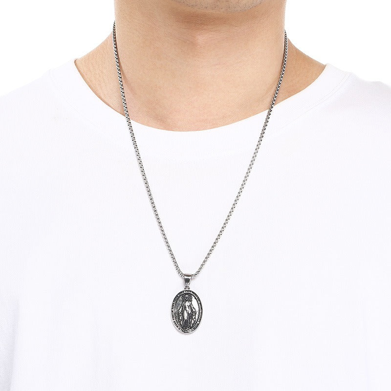 Kemstone Shield Pendant Necklace for Men Titanium Steel Double-Sided Coin Emblem Design Silver KP117715-LU