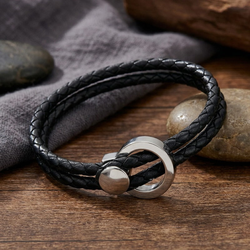 Kemstone Double Wrap Leather Bracelet for Men Titanium Steel Circle Clasp KB213788-GC