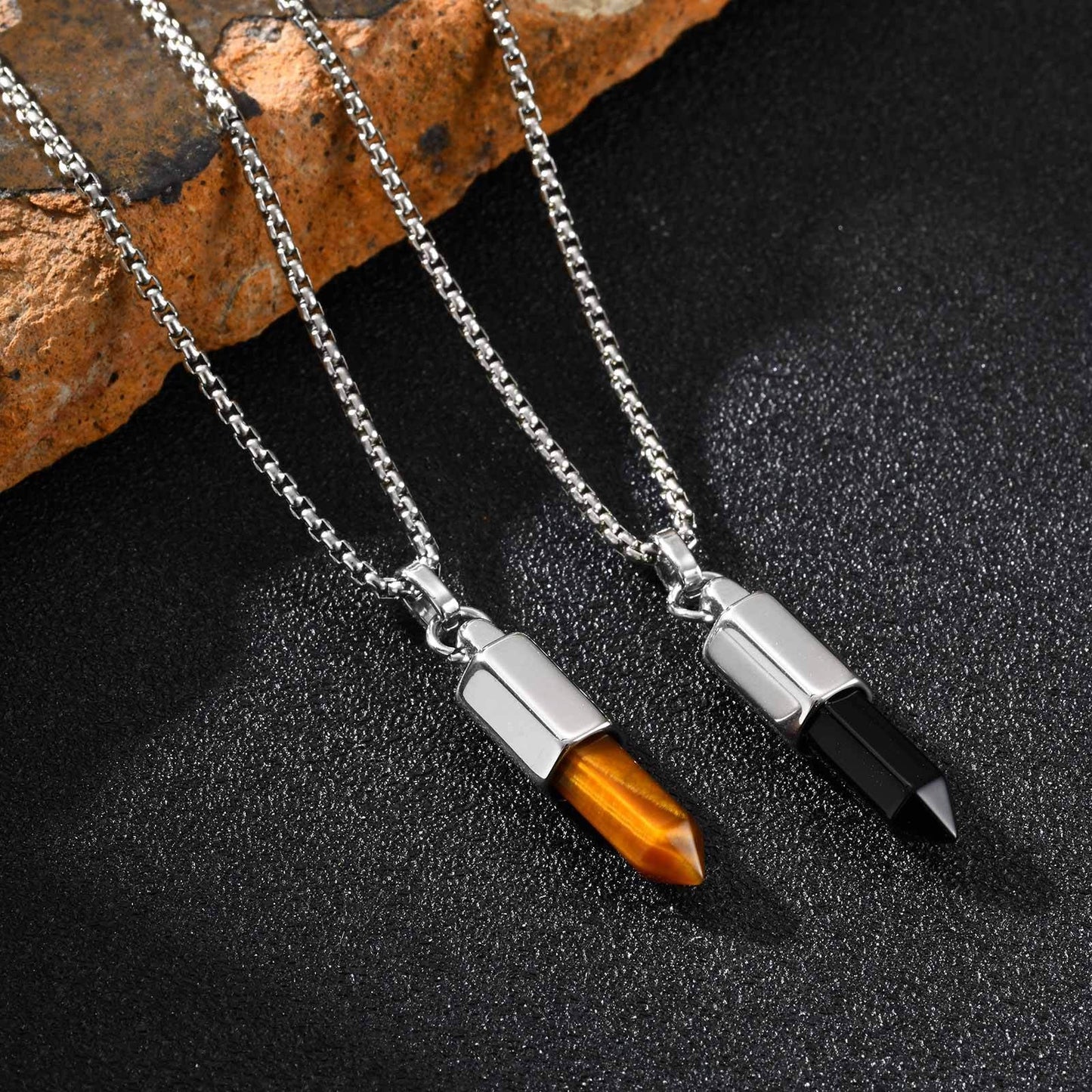 Kemstone Men’s Stainless Steel Bullet Pendant Necklace – Tiger Eye & Black Agate Minimalist Jewelry PN-2227