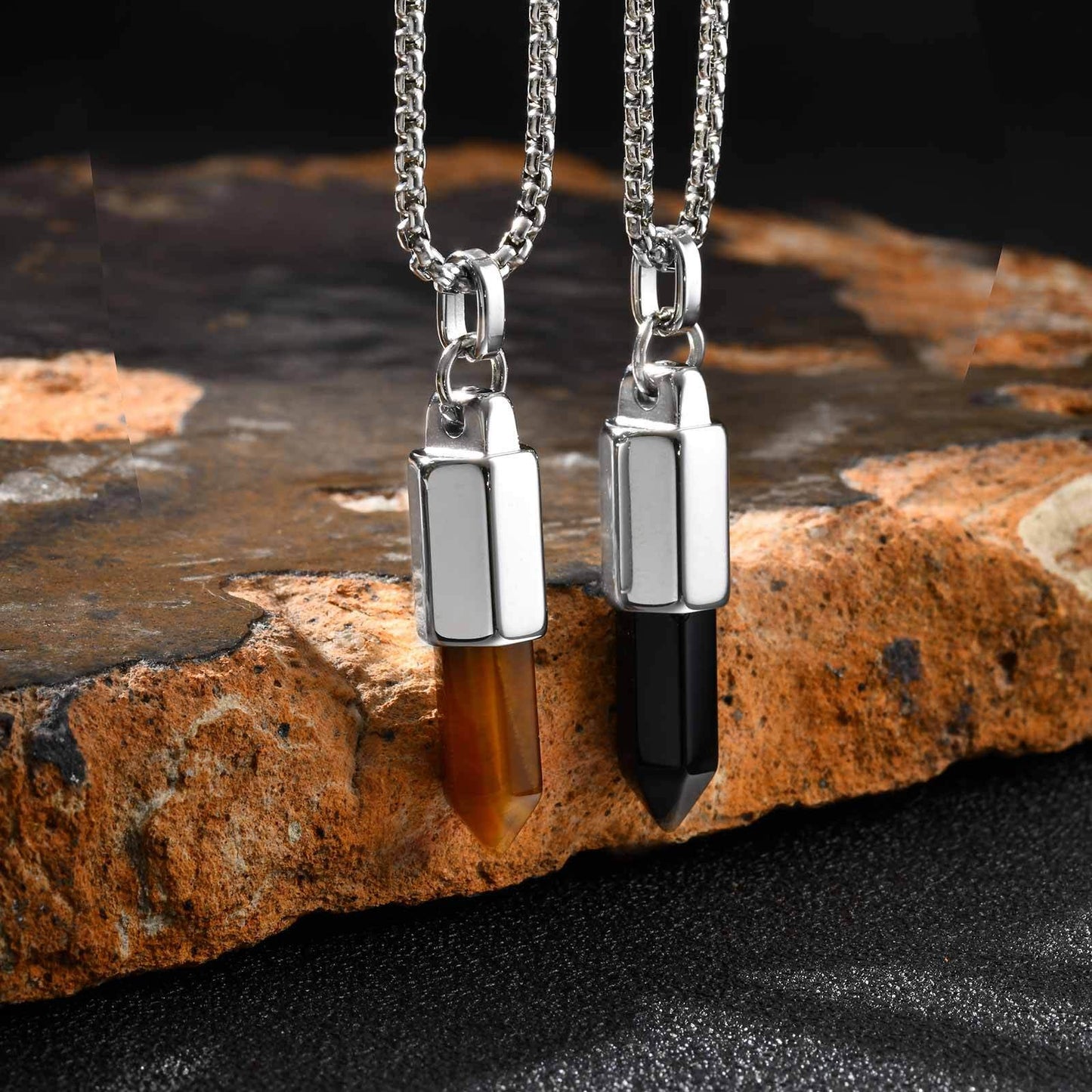 Kemstone Men’s Stainless Steel Bullet Pendant Necklace – Tiger Eye & Black Agate Minimalist Jewelry PN-2227
