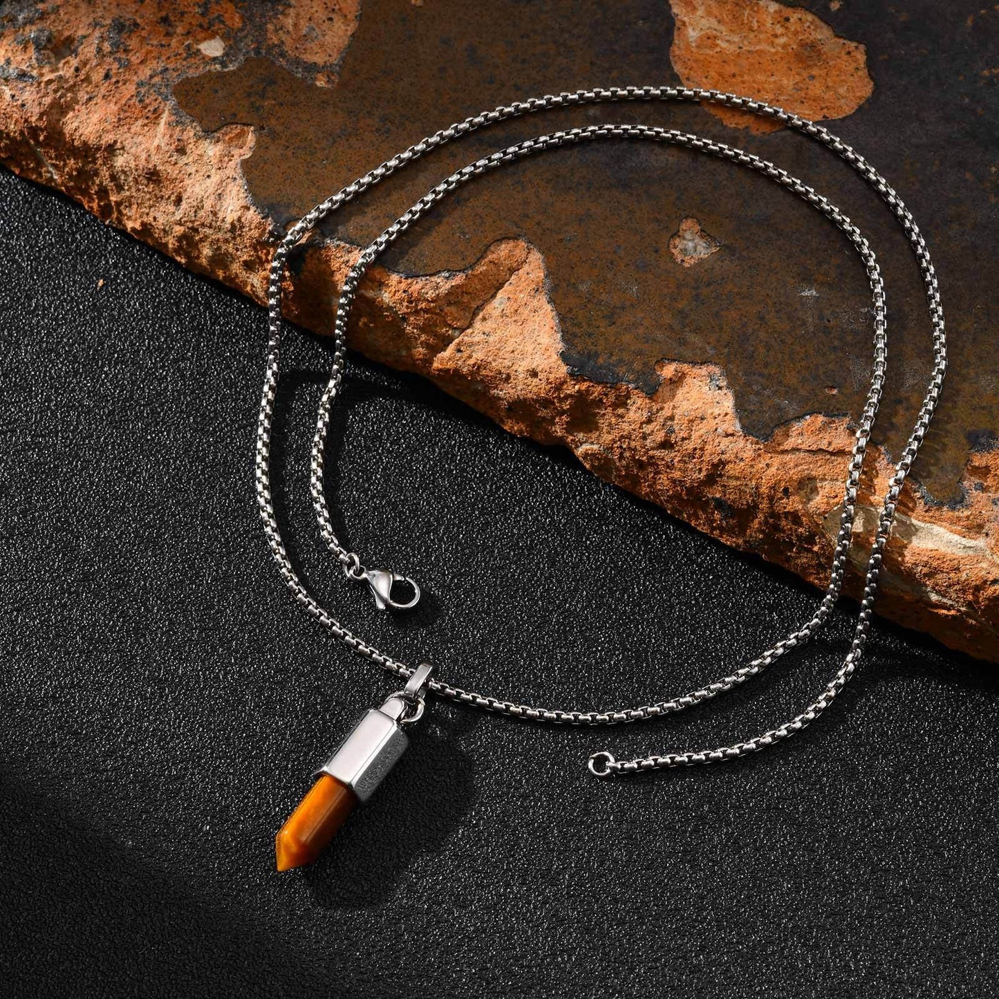 Kemstone Men’s Stainless Steel Bullet Pendant Necklace – Tiger Eye & Black Agate Minimalist Jewelry PN-2227
