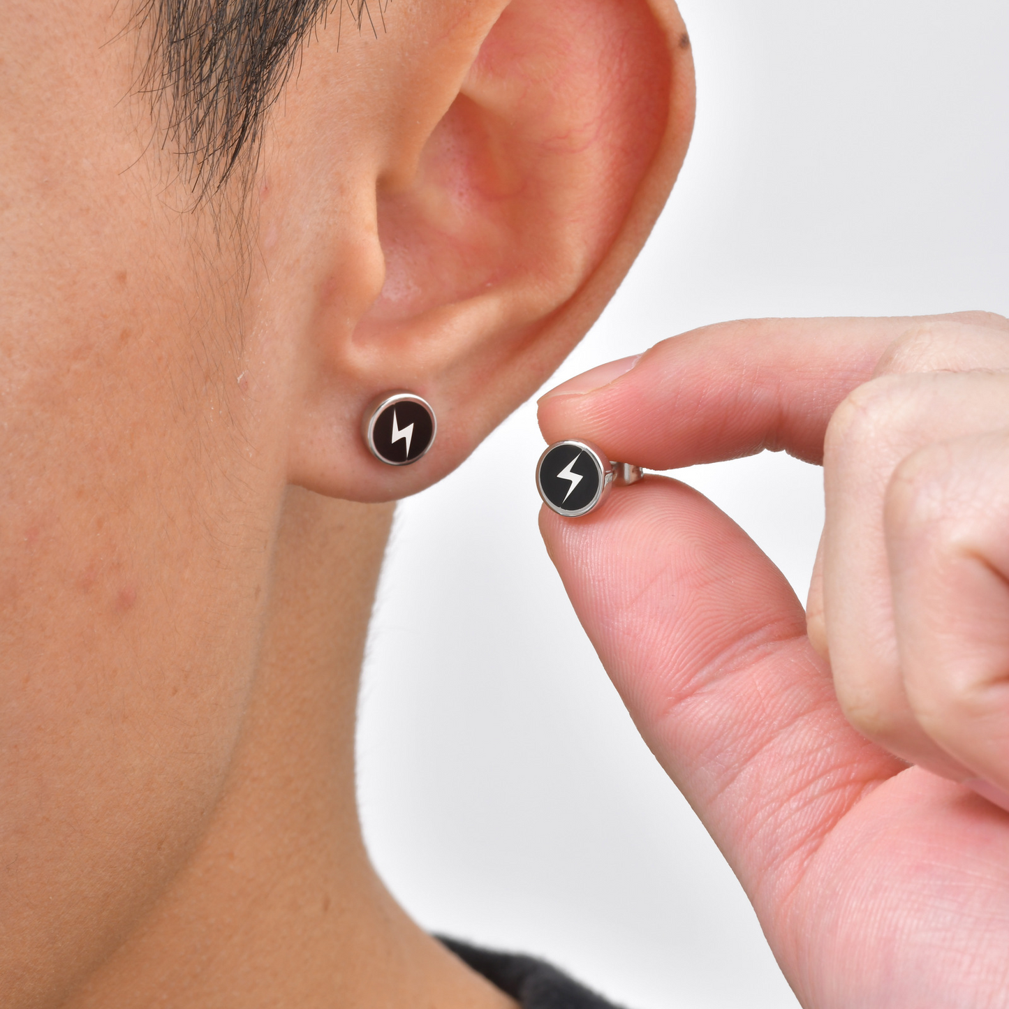 Kemstone Lightning Stud Earrings for Men Stainless Steel Black Enamel Round Stud 2PCS ES-751S