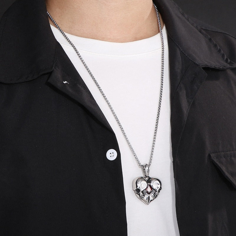 Kemstone Titanium Steel Skull Heart Necklace – Gothic Red Zircon Pendant KP98350