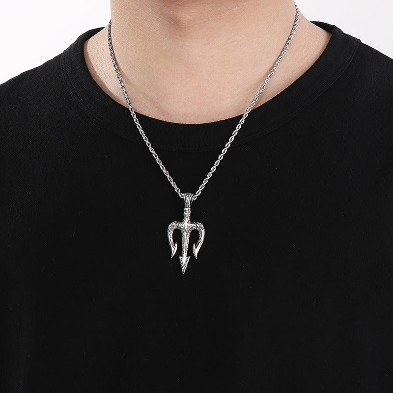 Kemstone Men’s Titanium Steel Trident Cross Necklace – Viking Eye of Horus Pendant, Black Zircon KP116389 60CM