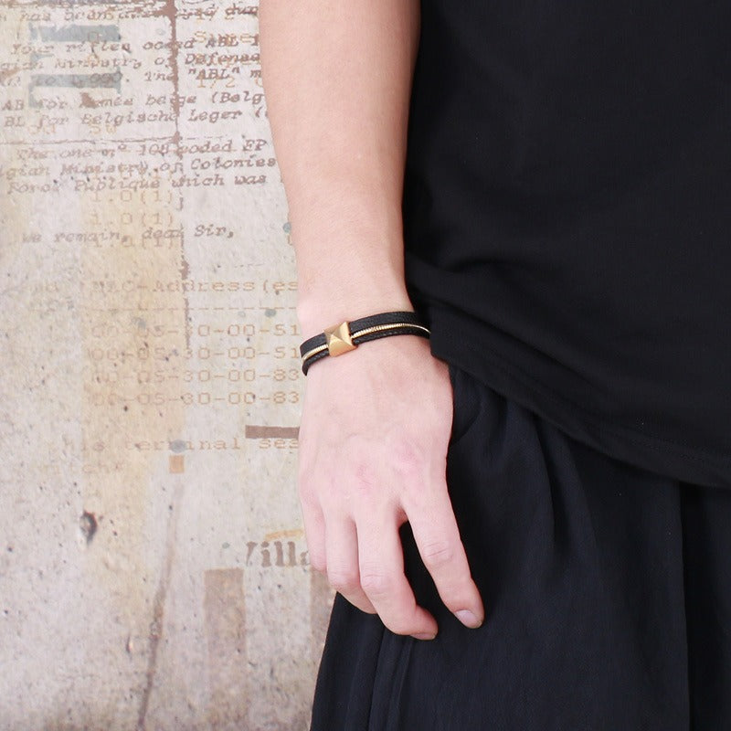 Kemstone Men’s Titanium Steel Leather Bracelet – Gold Snake Chain Wristband KB147381