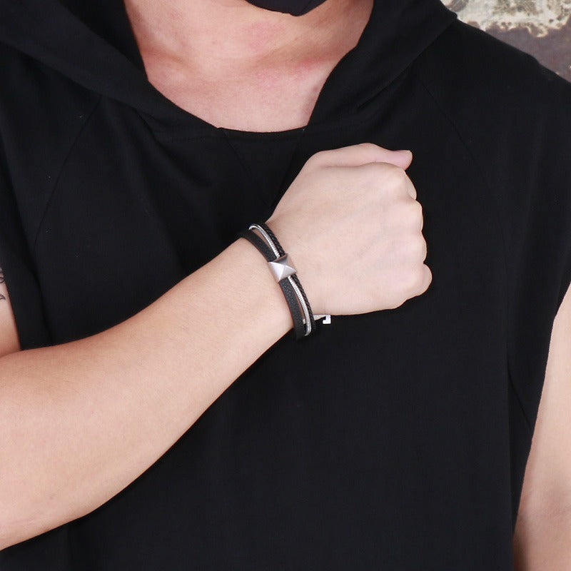 Kemstone Men’s Titanium Steel Leather Bracelet – Gold Snake Chain Wristband KB147381