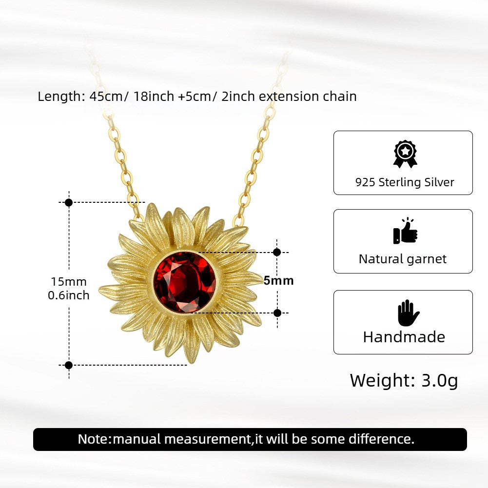 Kemstone 925 Sterling Silver Sunflower Garnet Pendant Necklace for Women Gold Plated Floral GMN22