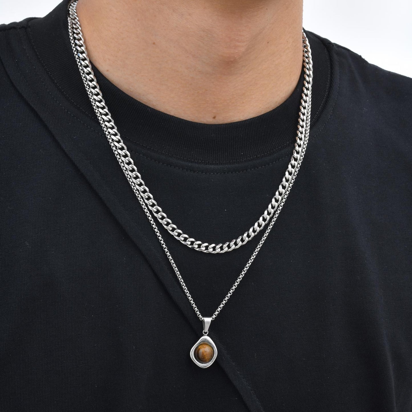 Kemstone Men’s Stainless Steel Necklace – Irregular Natural Stone Pendant Tiger Eye / Onyx / Turquoise PN-2189