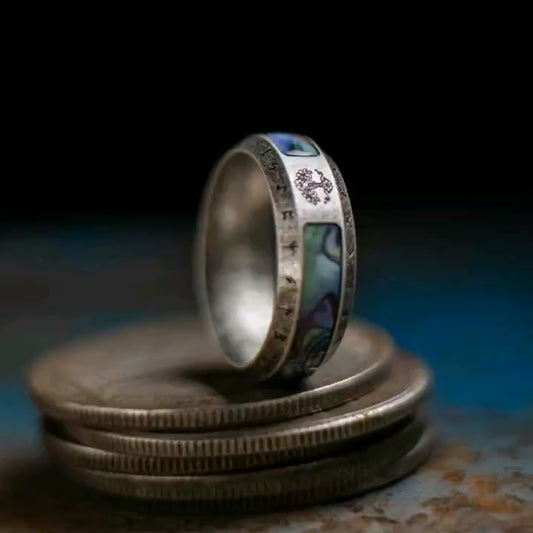 Kemstone Atlantis Yggdrasil Norse Tree of Life Shell Inlay Titanium Steel Ring for Men NWR-419323
