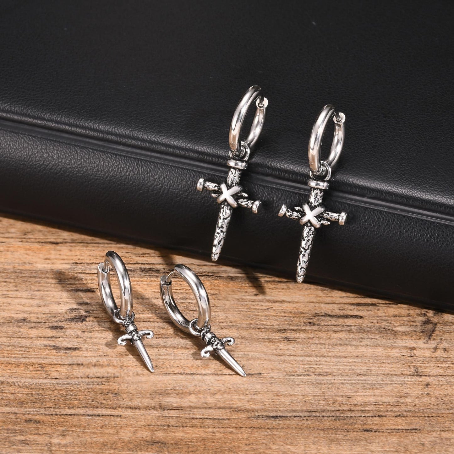 Kemstone Men’s Stainless Steel Cross Dagger Hoop Earrings – Punk Gothic Biker Jewelry ED768