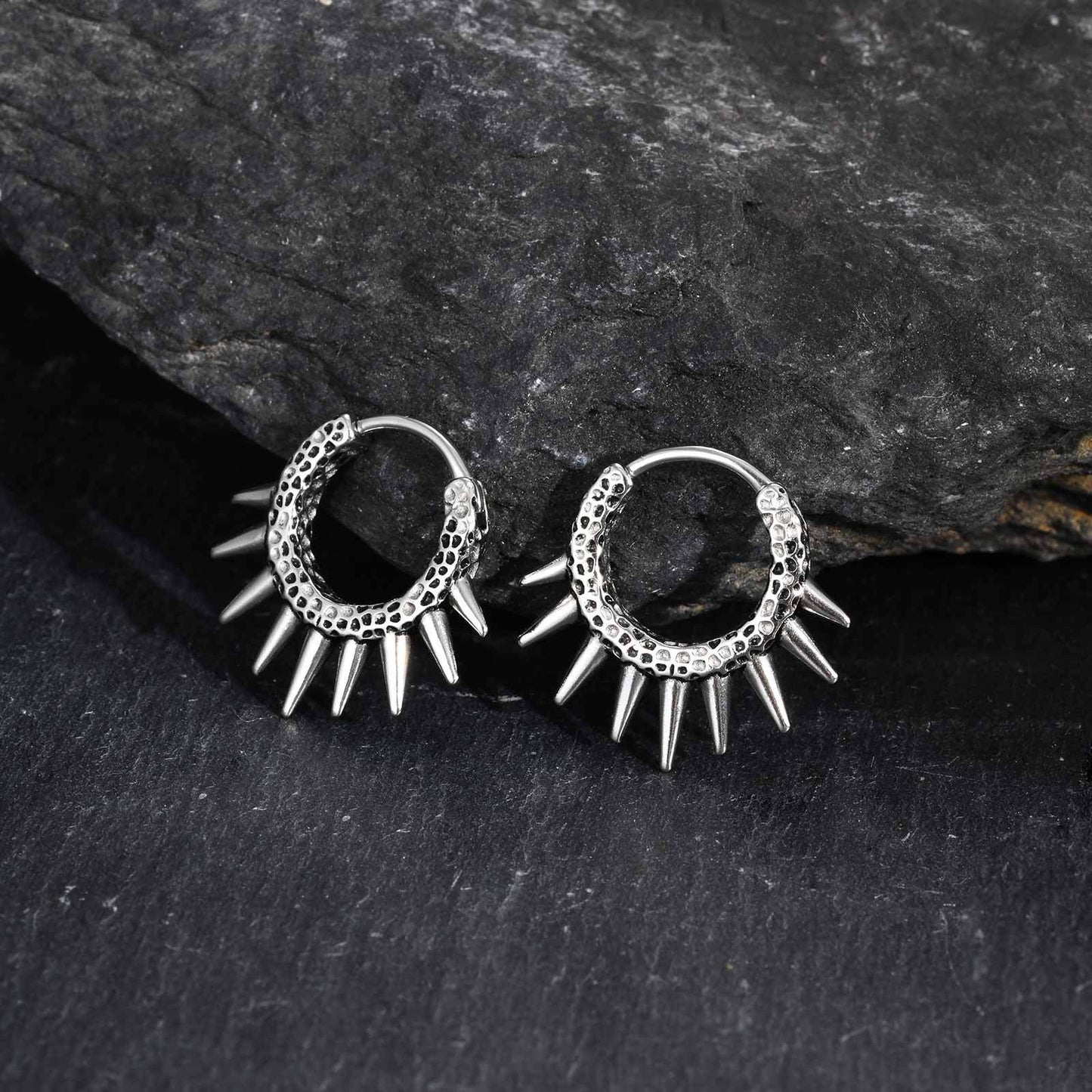 Kemstone Men’s Stainless Steel Spiked Hoop Earring – Silver Punk Gothic Huggie Jewelry EH-820