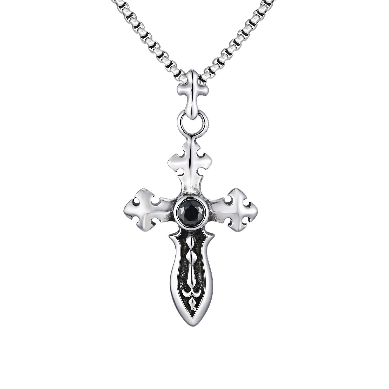 Kemstone Stainless Steel Vintage Cross Sword Pendant Necklace for Men with Black Zircon Stone PN2248