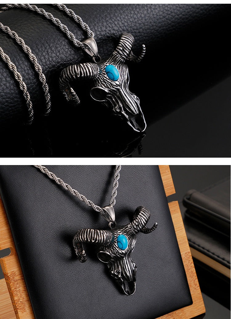 Kemstone Titanium Steel Ram Skull Pendant Necklace for Men – Vintage Horned Symbol KP79917-K