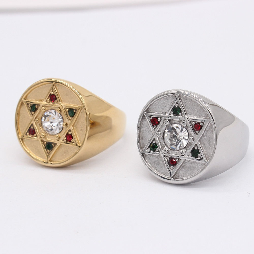 Kemston Titanium Steel Six Point Star Signet Ring for Men R1484