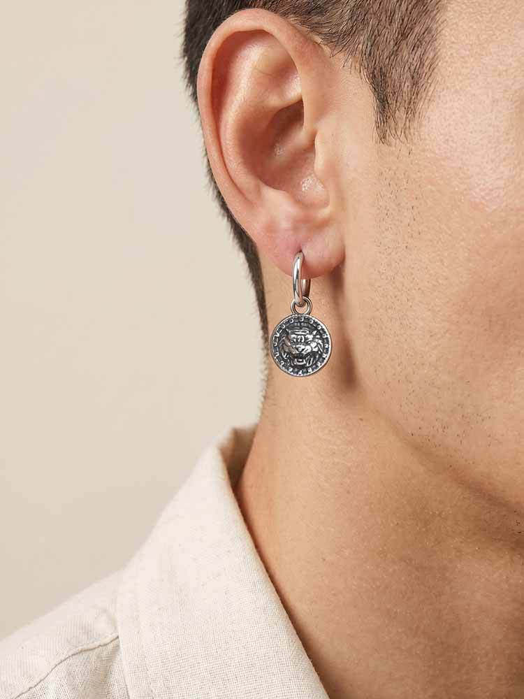 Kemstone Stainless Steel Tiger Coin Dangle Hoop Earring for Men Vintage ED-1085