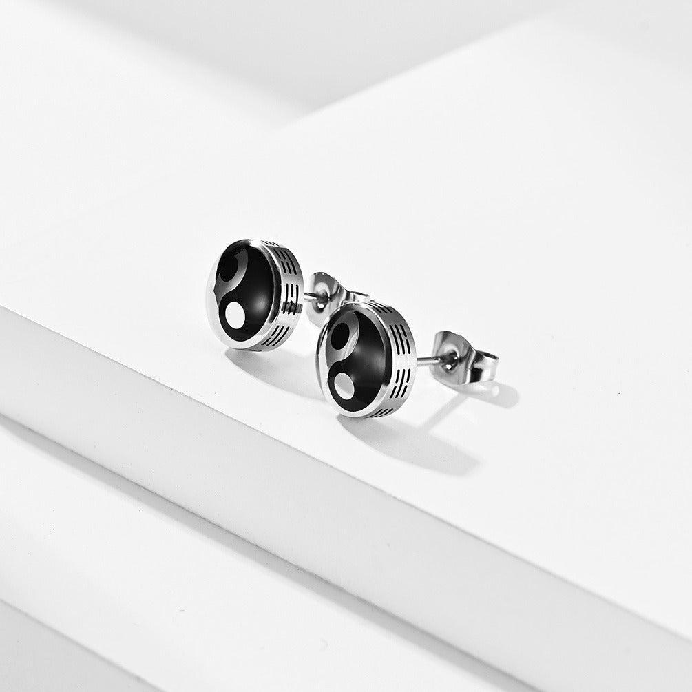 Kemstone Titanium Steel Black White Stud Earrings for Men Minimal Round K-E039