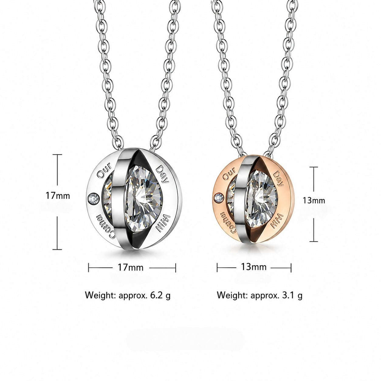 Kemstone Round Cubic Zirconia Couple Necklace for Men & Women Stainless Steel Silver Rose Gold TN0321